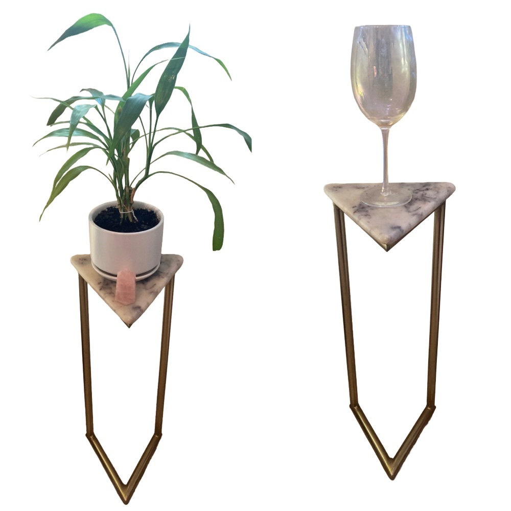 Unique Two Legged Triangle Marble Plant Stand/Drink Table With Gold Metal Frame